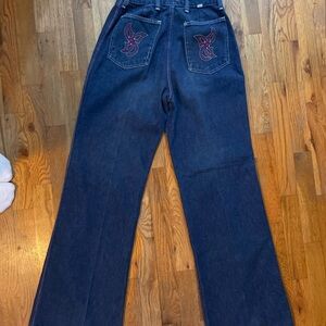 Vintage 80s wide leg Blue Jeans with Embroidered Pockets 25x31